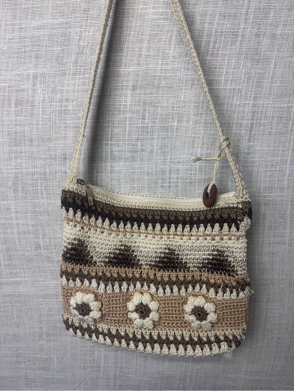 The Sak Crochet Floral Crossbody Bag in Brown & Cream